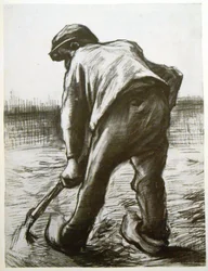 Spittende boer, van achteren gezien